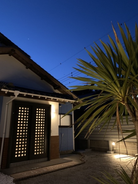 ヤシとスポットで玄関を演出